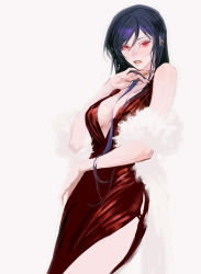 Rule 34 | 1girl, bare shoulders, blue hair, breasts, cleavage, commentary, dress, earrings, english commentary, feather boa, genderswap, genderswap (mtf), gundam, gundam 00, highres, huangdanlan, jewelry, long hair, looking at viewer, necklace, parted lips, red dress, red eyes, shirt, sleeveless, sleeveless shirt, solo, tieria erde