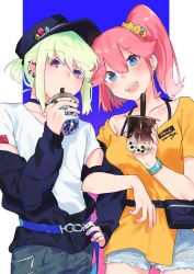 Rule 34 | 1boy, 1girl, aina ardebit, androgynous, blue eyes, blush, bubble tea, casual, drinking, ear piercing, green hair, hair ornament, hat, highres, jacket, lio fotia, locked arms, moegi0926, off shoulder, open mouth, piercing, pink hair, promare, purple eyes, shorts, side ponytail, smile