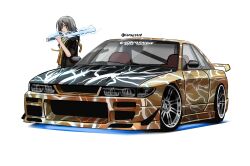 Rule 34 | 1girl, airfryer1892, black jacket, car, commentary, electricity, english commentary, grey hair, highres, holding, holding sword, holding weapon, honkai: star rail, honkai (series), jacket, long hair, looking at viewer, motor vehicle, nissan, nissan s13 silvia, nissan silvia, over shoulder, simple background, smile, spoiler (automobile), stelle (honkai: star rail), sword, trailblazer (honkai: star rail), twitter username, vehicle focus, weapon, weapon over shoulder, white background, yellow eyes