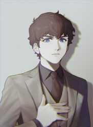 Rule 34 | 1boy, amuro ray, black shirt, blue eyes, brown hair, brown jacket, brown vest, char&#039;s counterattack, closed mouth, collared shirt, commentary request, fingernails, formal, grey background, gundam, hand up, highres, jacket, lapels, looking at viewer, male focus, muted color, necktie, red necktie, shadow, shirt, short hair, simple background, solo, suit, suit jacket, ususio 11, vest