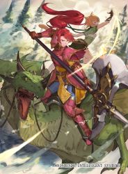 Rule 34 | 2girls, animal ears, armor, axe, brown gloves, cat ears, closed mouth, company name, copyright name, dragon, fire emblem, fire emblem: path of radiance, fire emblem cipher, from side, gloves, holding, holding axe, jill (fire emblem), kureta (nikogori), lethe (fire emblem), long hair, multiple girls, nintendo, official art, open mouth, orange hair, ponytail, purple eyes, red hair, riding, short hair, wyvern