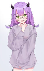 Rule 34 | 1girl, alternate costume, bespectacled, commentary request, cowboy shot, demon horns, fang, glasses, green eyes, grey sweater, hair ornament, hairclip, hand up, highres, hiragi 1014, hololive, horns, long sleeves, looking at viewer, loungewear, low-tied medium hair, medium hair, open mouth, purple hair, round eyewear, simple background, solo, sweater, tail, tokoyami towa, v over mouth, virtual youtuber, white background