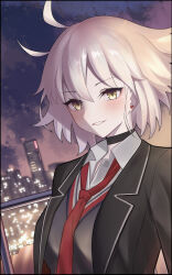 Rule 34 | 1girl, absurdres, antenna hair, bingzhi juzi, black choker, black jacket, blush, cardigan, choker, collared shirt, commentary request, fate/grand order, fate (series), grey cardigan, grey hair, grin, hair between eyes, highres, jacket, jeanne d&#039;arc alter (fate), looking at viewer, necktie, official alternate costume, open clothes, open jacket, pale skin, red necktie, school uniform, shirt, short hair, smile, solo, uniform, white shirt, yellow eyes