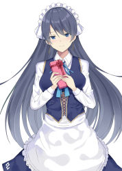 Rule 34 | 1girl, apron, black hair, blue eyes, blue ribbon, blue skirt, blue vest, blush, bow, box, breasts, collared shirt, cowboy shot, earrings, frilled apron, frills, gift, gift box, head tilt, holding, holding box, jewelry, kauru00, long hair, long skirt, long sleeves, looking at viewer, maid, maid headdress, medium breasts, neck ribbon, original, red bow, ribbon, shirt, simple background, skirt, solo, standing, straight hair, two-handed, very long hair, vest, waist apron, white apron, white background, white shirt, wing collar