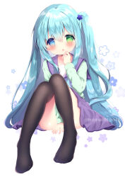 Rule 34 | 1girl, :o, between legs, black thighhighs, blue eyes, blue hair, blush, commentary request, convenient arm, floral background, green eyes, green shirt, hair between eyes, hand between legs, hand to own mouth, hand up, haru ichigo, heterochromia, highres, knees up, long sleeves, looking at viewer, no shoes, one side up, original, parted lips, pleated skirt, purple sailor collar, purple skirt, sailor collar, shirt, simple background, sitting, skirt, solo, thighhighs, twitter username, white background