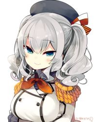 Rule 34 | 10s, 1girl, artist name, beret, blue eyes, blush, breast hold, breasts, buttons, closed mouth, epaulettes, eyebrows, frilled sleeves, frills, hair between eyes, hat, hat ribbon, jacket, kantai collection, kashima (kancolle), large breasts, long hair, looking at viewer, military, military uniform, ribbon, silver hair, simple background, sketch, smile, solo, tsurime, twintails, uniform, upper body, white background, yuzuki gao