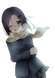 Rule 34 | 10s, 1girl, bad id, bad pixiv id, black hair, breath, coat, commentary request, green eyes, hair between eyes, hair ornament, hairclip, highres, kantai collection, kuroshio (kancolle), long sleeves, one eye closed, open mouth, pantyhose, scarf, short hair, simple background, skirt, solo, warashi, white background