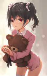 Rule 34 | 10s, 1girl, :d, black hair, looking at viewer, love live!, love live! school idol project, open mouth, panties, parfaitlate, red eyes, smile, solo, stuffed animal, stuffed toy, teddy bear, thighhighs, twintails, underwear, white panties, white thighhighs, yazawa nico