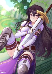 Rule 34 | 1girl, armor, ayra (fire emblem), belt, black hair, blush, boots, breastplate, castle, cloud, earrings, elbow gloves, fire emblem, fire emblem: genealogy of the holy war, fire emblem heroes, flower, gloves, grass, highres, ippers, jewelry, long hair, looking at viewer, nintendo, purple eyes, sitting, sky, smile, solo, sword, thigh boots, thighhighs, thighs, weapon