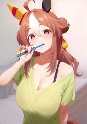 Rule 34 | 1girl, ahoge, animal ears, arm at side, bra strap, breasts, brown hair, brushing teeth, cleavage, copano rickey (umamusume), double bun, green shirt, hair between eyes, hair bun, hair intakes, hair ornament, hand up, highres, holding, holding toothbrush, horse ears, horse girl, horse tail, large breasts, long hair, looking at viewer, multicolored hair, off shoulder, open mouth, pink eyes, shirt, short sleeves, solo, tail, tassel, tassel hair ornament, toothbrush, two-tone hair, umamusume, upper body, yonemochi yume