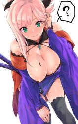 Rule 34 | 1girl, adjusting hair, areola slip, black thighhighs, blue eyes, breasts, cleavage, fate/grand order, fate (series), highres, japanese clothes, jewelry, kimono, kztk, large breasts, leaning forward, looking at viewer, magatama, magatama necklace, miyamoto musashi (fate), miyamoto musashi (third ascension) (fate), necklace, nipple slip, nipples, pink hair, revision, sheath, sheathed, simple background, solo, thighhighs, thighs, white background