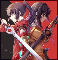 Rule 34 | 2boys, armor, black hair, blue eyes, closed mouth, commentary, crossed swords, dual persona, from side, gauntlets, gloves, hair tie, highres, holding, holding sword, holding weapon, jacket, long hair, long sleeves, male focus, multiple boys, n (xenoblade), noah (xenoblade), ponytail, profile, red jacket, sword, ui frara, very long hair, weapon, xenoblade chronicles (series), xenoblade chronicles 3