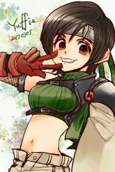 Rule 34 | 1girl, breasts, brown hair, commentary request, final fantasy, final fantasy vii, gloves, headband, highres, looking at viewer, midriff, ninja, open fly, open mouth, short hair, shorts, sleeveless, sleeveless turtleneck, smile, solo, turtleneck, unzipped, yadoso, yuffie kisaragi