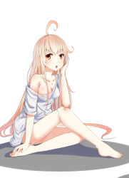 Rule 34 | 1girl, :o, ahoge, akatsukiame, bare legs, barefoot, blonde hair, breasts, brown eyes, cleavage, collarbone, feet, hand on own face, hands on feet, long hair, looking at viewer, off shoulder, original, shirt, sitting, sketch, solo, thighs, very long hair