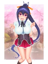 Rule 34 | 1girl, :d, absurdres, artist name, blue hair, blush, breasts, cherry blossoms, commentary, hair between eyes, hair ribbon, high school dxd, highres, himejima akeno, huge filesize, kuoh academy school uniform, large breasts, long hair, looking at viewer, open mouth, petals, ponytail, purple eyes, ribbon, school uniform, short sleeves, skirt, smile, socks, solo, standing, very long hair, wlper