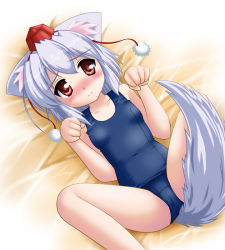 Rule 34 | 1girl, animal ears, blush, female focus, flat chest, hat, inubashiri momiji, lying, neopure, one-piece swimsuit, paw pose, red eyes, school swimsuit, short hair, silver hair, solo, spread legs, swimsuit, tail, tokin hat, touhou, wolf ears, wolf tail