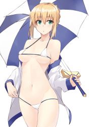 Rule 34 | 1girl, :o, artoria pendragon (all), artoria pendragon (fate), bikini, bikini pull, blonde hair, breasts, clothes pull, cowboy shot, fate/stay night, fate (series), green eyes, hair between eyes, holding, holding sword, holding umbrella, holding weapon, jacket, long sleeves, medium breasts, navel, parasol, pulled by self, saber (fate), shunichi, simple background, solo, swimsuit, sword, umbrella, underboob, weapon, white background, white bikini