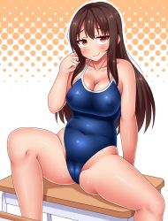 Rule 34 | 1girl, bad id, bad pixiv id, bare shoulders, blush, breasts, brown eyes, brown hair, cameltoe, cleavage, competition school swimsuit, covered erect nipples, curvy, desk, halftone, halftone background, large breasts, long hair, looking at viewer, neri sachiko, one-piece swimsuit, original, school desk, school swimsuit, sitting, smile, solo, spread legs, swimsuit