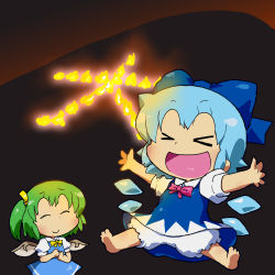 Rule 34 | 2girls, barefoot, bloomers, blue hair, cirno, daiyousei, detached wings, dress, closed eyes, fire, gomi ichigo, green hair, highres, ice, ice wings, multiple girls, open mouth, outstretched arms, smile, spread arms, touhou, underwear, wings
