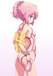 Rule 34 | 1girl, ass, blush, breasts, chiyoda momo, closed mouth, competition swimsuit, gradient background, hair ornament, hair scrunchie, highleg, highleg swimsuit, highres, holding, holding clothes, holding footwear, looking at viewer, looking back, machikado mazoku, mel (melty pot), one-piece swimsuit, pink hair, pink one-piece swimsuit, ponytail, sandals, scrunchie, short hair, sideboob, simple background, small breasts, solo, standing, swimsuit, towel, wrist scrunchie, yellow towel