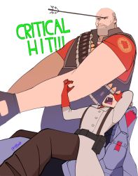 Rule 34 | 2boys, ammunition belt, arrow (projectile), arrow in head, bald, belt, black belt, black pants, black vest, brown jacket, commentary, english commentary, english text, gloves, hand on own face, heavy (tf2), highres, jacket, leaning back, male focus, medic (tf2), multiple boys, necktie, neon genesis evangelion, object through head, open mouth, pants, parody, pouch, rebuild of evangelion, red gloves, red heavy (tf2), red medic (tf2), red necktie, red shirt, scene reference, shirt, sitting, team fortress 2, twitter username, vest, white background, white eyes, white shirt, yblndr