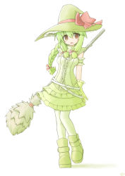 Rule 34 | 1girl, belt, blush, boots, braid, breasts, broom, gloves, green footwear, green hair, green theme, hat, highres, jpeg artifacts, kareya, no nose, original, signature, single braid, small breasts, solo, witch hat