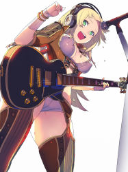 Rule 34 | 1girl, :d, blonde hair, bra, bracelet, breasts, electric guitar, enkyo yuuichirou, covered erect nipples, flying sweatdrops, from below, garter belt, green eyes, grey bra, grey panties, guitar, hand up, headphones, highres, hisho collection, holding, holding instrument, instrument, jewelry, gibson les paul, looking at viewer, looking down, medium breasts, microphone, microphone stand, music, open mouth, panties, playing instrument, short hair, simple background, smile, standing, thighhighs, underwear, white background, wristband