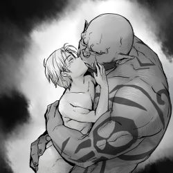 Rule 34 | 2boys, anduin wrynn, garrosh hellscream, gradient background, interspecies, male focus, monochrome, multiple boys, muscular, orc, size difference, tagme, warcraft, world of warcraft, yaoi