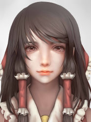 Rule 34 | 1girl, absurdres, brown eyes, brown hair, closed mouth, commentary request, diandianzai, eyebrows hidden by hair, frilled hair tubes, frills, gradient background, grey background, hair tubes, hakurei reimu, highres, lips, long hair, looking at viewer, nose, portrait, realistic, simple background, solo, swept bangs, touhou, white background