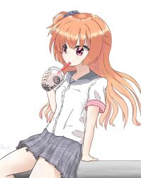 Rule 34 | 1girl, arm support, blue hairband, breasts, bubble tea, commentary request, cup, drinking straw, drinking straw in mouth, eyelashes, grey sailor collar, grey skirt, hair between eyes, hairband, hakutocake, highres, holding, holding cup, inaba meguru, leaning back, long hair, looking to the side, miniskirt, orange hair, pleated skirt, red eyes, sailor collar, sanoba witch, shirt, side ponytail, sidelocks, signature, simple background, skirt, small breasts, solo, wavy hair, white background, white shirt, yuzu-soft