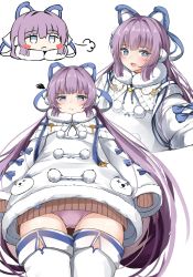 Rule 34 | 1girl, :&lt;, :d, :t, absurdres, azur lane, blue eyes, blush, blush stickers, brown sweater, chibi, closed mouth, coat, commentary request, fur-trimmed coat, fur-trimmed sleeves, fur trim, hair between eyes, highres, long hair, long sleeves, looking at viewer, moyoron, multiple views, open mouth, panties, pink panties, pout, purple hair, simple background, sleeves past fingers, sleeves past wrists, smile, squiggle, sweater, tashkent (azur lane), thighhighs, underwear, very long hair, white background, white coat, white thighhighs