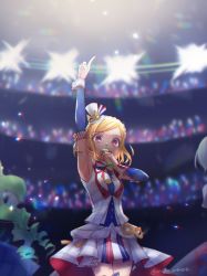 Rule 34 | 3girls, amattle, arm up, armpits, asymmetrical bangs, audience, bare shoulders, blonde hair, bow, bowtie, braid, commentary request, concert, cowboy shot, crown braid, detached sleeves, dress, falulu, glowstick, hat, holding, holding microphone, idol, index finger raised, long hair, microphone, midorikaze fuwari, mini hat, mini top hat, multiple girls, music, out of frame, pointing, pointing up, pretty series, pripara, purple eyes, shikyoin hibiki, short hair, singing, solo focus, spotlight, stage, stage lights, top hat, twitter username, very long hair
