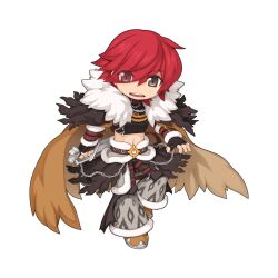 Rule 34 | 1boy, animal print, arm belt, belt, black cape, black gloves, black pants, black shirt, brown footwear, cape, chain, chibi, crop top, eyes visible through hair, full body, fur cape, fur collar, gloves, grey eyes, hair between eyes, holding, holding sword, holding weapon, leopard print, long bangs, looking at viewer, male focus, official alternate costume, official art, open mouth, pants, ragnarok online, red belt, red hair, reverse grip, round teeth, shadow chaser (ragnarok online), shirt, shoes, short hair, simple background, solo, standing, standing on one leg, sword, tachi-e, teeth, torn cape, torn clothes, transparent background, upper teeth only, waist cape, weapon, yuichirou