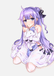 Rule 34 | 1girl, :o, ahoge, azur lane, bare shoulders, black bow, black ribbon, blush, bow, breasts, commentary request, criss-cross halter, detached sleeves, dress, fingernails, full body, grey background, hair bun, hair ribbon, halterneck, head tilt, highres, long hair, long sleeves, looking at viewer, medium breasts, hugging object, one side up, parted lips, purple eyes, purple hair, ribbon, setu (shining12), side bun, simple background, single hair bun, single side bun, sitting, sleeves past wrists, solo, stuffed animal, stuffed pegasus, stuffed toy, stuffed unicorn, stuffed winged unicorn, unicorn (azur lane), very long hair, wariza, white dress