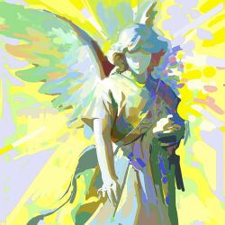 Rule 34 | 1girl, 1other, abstract, abstract background, angel, angel wings, art study, closed eyes, colorful, commentary, dress, english commentary, faux traditional media, feathered wings, gun, highres, marble (stone), multicolored background, original, shirt, short hair, short sleeves, sketch, solo, statue, upper body, weapon, white hair, wings, yellow background, yellow theme, yuming li