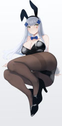 Rule 34 | 1girl, absurdres, alternate costume, animal ears, ass, bare shoulders, black footwear, black leotard, blue bow, blue bowtie, blunt bangs, bow, bowtie, breasts, cleavage, closed mouth, collarbone, facial mark, fake animal ears, fake tail, full body, girls&#039; frontline, green eyes, grey background, hair ornament, high heels, highres, hk416 (girls&#039; frontline), large breasts, leotard, long hair, looking away, lying, on side, pantyhose, playboy bunny, rabbit ears, rabbit tail, silver hair, simple background, solo, tail, teardrop, teardrop facial mark, teardrop tattoo, thighband pantyhose, ubah, x hair ornament