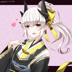 Rule 34 | 1girl, :d, bow, brown eyes, commentary request, dated, dragon horns, fate/grand order, fate (series), hair between eyes, hair bow, hand up, heart, hebitsukai-san, high ponytail, highres, horns, japanese clothes, kimono, kiyohime (fate), kiyohime (third ascension) (fate), long sleeves, obi, open mouth, ponytail, sash, sidelocks, smile, solo, twitter username, upper body, white hair, white kimono, wide sleeves, yellow bow