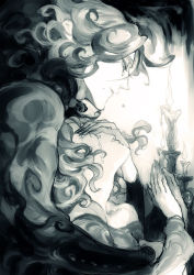 Rule 34 | 10s, 1boy, 1girl, abstract, candle, covering own eyes, crying, curly hair, diabolik lovers, eyelashes, fire, fire, from side, greyscale, half-closed eyes, hetero, hug, komori yui, mole, mole under mouth, monochrome, nozoki davis, open mouth, praying, profile, sakamaki laito, tears