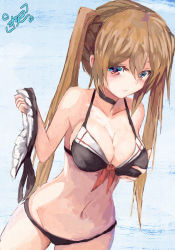 Rule 34 | 1girl, artist name, bare shoulders, bikini, black bikini, breasts, brown eyes, cleavage, hand on own chest, kantai collection, large breasts, light brown hair, long hair, looking at viewer, midriff, murasame (kancolle), navel, one-hour drawing challenge, sailor bikini, sailor collar, solo, swimsuit, twintails, yanagi wakana