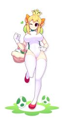 Rule 34 | 1girl, absurdres, basket, black eyes, blonde hair, breasts, closed mouth, egg, fizintine, full body, gloves, hand on own hip, heart, highres, holding, holding basket, large breasts, leotard, mario (series), new super mario bros. u deluxe, nintendo, one eye closed, short hair, smile, solo, super crown, thighhighs, white gloves, white leotard, yoshi