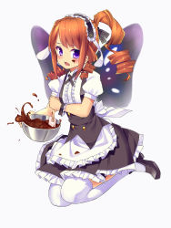 Rule 34 | 1girl, apron, black footwear, blouse, blush, bonkiru, brown hair, chocolate, cosplay, curly hair, drill hair, fleur de lapin uniform, food, food on face, frilled apron, frilled shirt, frills, full body, gochuumon wa usagi desu ka?, highres, loafers, long hair, looking at viewer, maid, mixing bowl, open mouth, original, over-kneehighs, ponytail, puffy short sleeves, puffy sleeves, purple eyes, shirt, shoes, short sleeves, simple background, solo, spatula, swept bangs, thighhighs, waist apron, white background, white shirt, white thighhighs