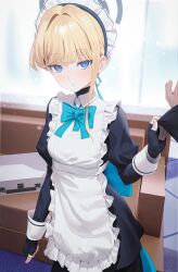 Rule 34 | 1boy, 1girl, apron, aya (lezon), black gloves, blonde hair, blue archive, blue bow, blue eyes, blush, bow, bowtie, breasts, bun cover, dress, earpiece, elbow gloves, fingerless gloves, frills, gloves, hair bun, halo, highres, looking at viewer, maid, maid apron, maid headdress, medium breasts, puffy sleeves, ribbon, short hair, solo focus, toki (blue archive)