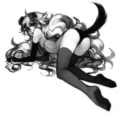 Rule 34 | 1girl, all fours, animal ears, bare shoulders, big hair, camille myriad zentreza, dog ears, dog tail, dress, elbow gloves, flat chest, gloves, greyscale, ippus, long hair, looking back, monochrome, original, solo, strapless, strapless dress, tail, thighhighs