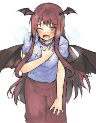Rule 34 | 1girl, \||/, alternate costume, bat wings, blush, breasts, breath, exhausted, ginnkei, hand on own chest, head wings, highres, koakuma, leaning forward, long hair, looking at viewer, low wings, medium breasts, nail polish, one eye closed, open mouth, red eyes, red hair, red nails, shirt, short sleeves, simple background, solo, touhou, very long hair, white background, white shirt, wings