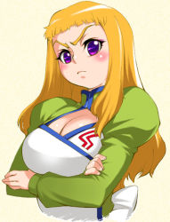 Rule 34 | 00s, 1girl, angry, blonde hair, blush, breasts squeezed together, breasts, cleavage, crossed arms, eyebrows, haruka armitage, large breasts, long hair, my-otome, purple eyes, seki suzume, solo