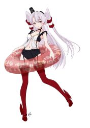 Rule 34 | 1girl, alternate costume, amatsukaze (kancolle), artist name, black shorts, breasts, commentary request, front-tie top, garter straps, grey hair, hair tubes, highres, holding, holding swim ring, innertube, kantai collection, long hair, medium breasts, neve (morris-minicooper), red footwear, red thighhighs, shorts, simple background, smokestack hair ornament, solo, swim ring, thighhighs, two side up, very long hair, white background