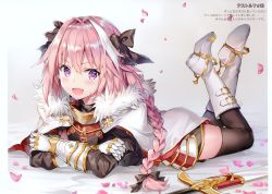 Rule 34 | 1boy, :d, armor, astolfo (fate), bed sheet, black bow, black thighhighs, blush, boots, bow, braid, cape, collar, crossed ankles, emblem, fang, fate/apocrypha, fate (series), faulds, fur-trimmed cape, fur trim, gauntlets, gold trim, gorget, gradient background, grey background, hair between eyes, hair bow, highres, knee boots, long hair, looking at viewer, male focus, momoko (momopoco), multicolored hair, open mouth, petals, pink hair, purple eyes, scan, single braid, smile, solo, streaked hair, sword, thighhighs, thighhighs under boots, thighs, trap, v-shaped eyebrows, very long hair, weapon, white cape, white footwear, white hair, zettai ryouiki