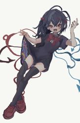 Rule 34 | 1girl, :d, asymmetrical wings, black dress, black hair, bow, bowtie, dress, fangs, happy, highres, houjuu nue, inkopico, looking at viewer, nail polish, open mouth, red bow, red bowtie, red eyes, red nails, shoes, short dress, short sleeves, smile, solo, thighhighs, touhou, wings
