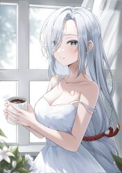 Rule 34 | 1girl, alternate costume, braid, breasts, casual, cleavage, coffee mug, collarbone, commentary request, cup, curtains, genshin impact, green eyes, hair over one eye, highres, holding, holding cup, indoors, large breasts, long hair, looking at viewer, low-tied long hair, luz0207, mug, parted bangs, parted lips, shenhe (genshin impact), sidelocks, single braid, solo, spaghetti strap, white hair, window