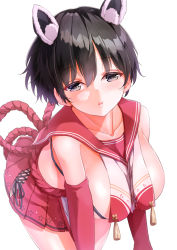 Rule 34 | 1girl, absurdres, animal ears, armor, bare shoulders, black hair, blue archive, blush, breasts, classic (zildjian33), collarbone, commentary, elbow gloves, gloves, grey eyes, highres, japanese armor, large breasts, leaning forward, looking at viewer, open mouth, red gloves, red sailor collar, red skirt, rope, sailor collar, short hair, sideboob, sideless outfit, simple background, skirt, solo, tabard, tassel, tsubaki (blue archive), white background